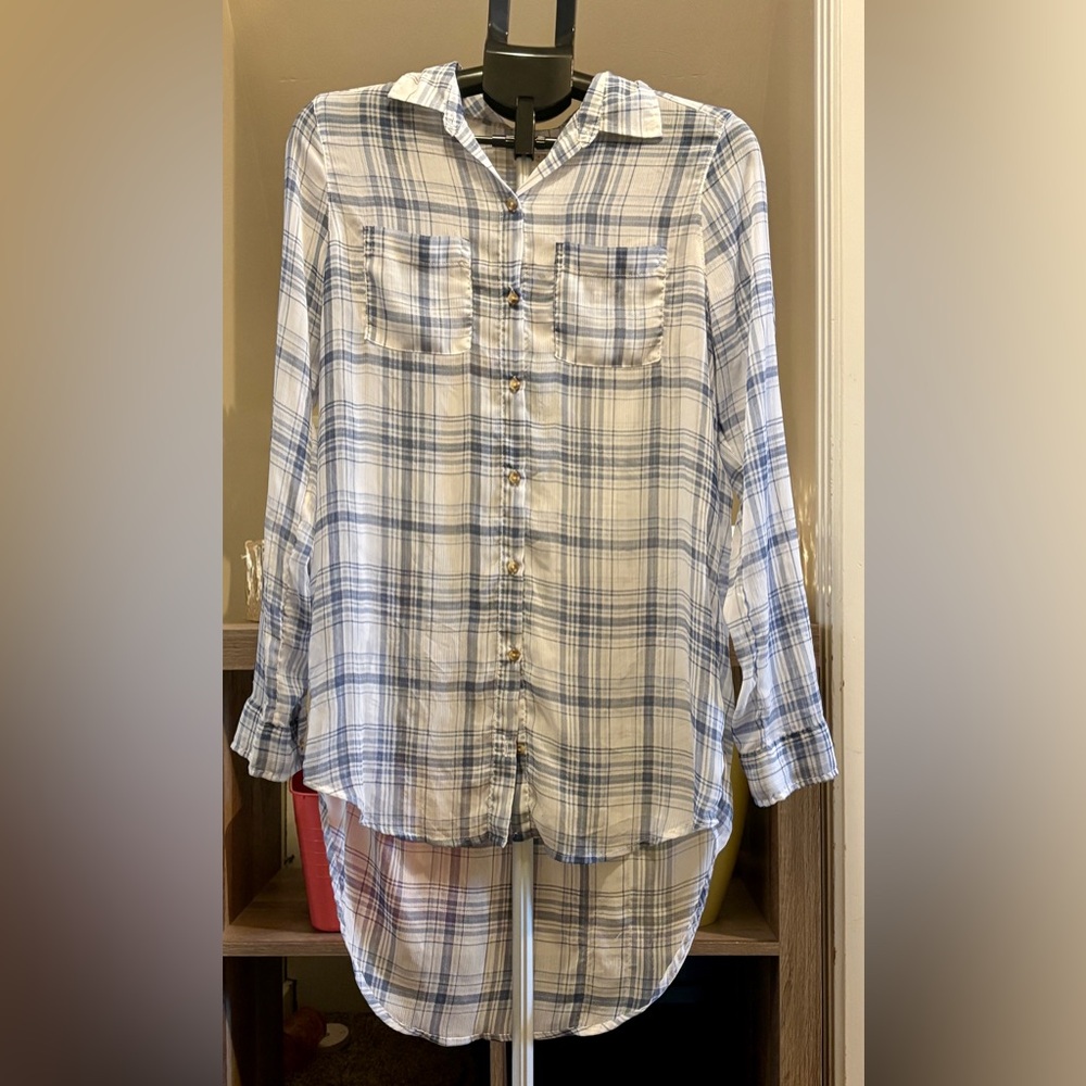 Hollister sheer Blue and White Plaid Button-Up Shirt